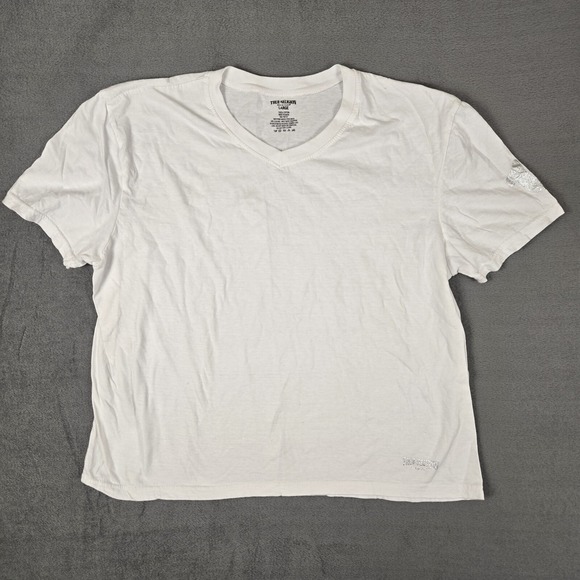 True Religion Tops - True Religion Shirt Womens Large White Gray Logo Short Sleeve V-Neck‎ Crop Boxy